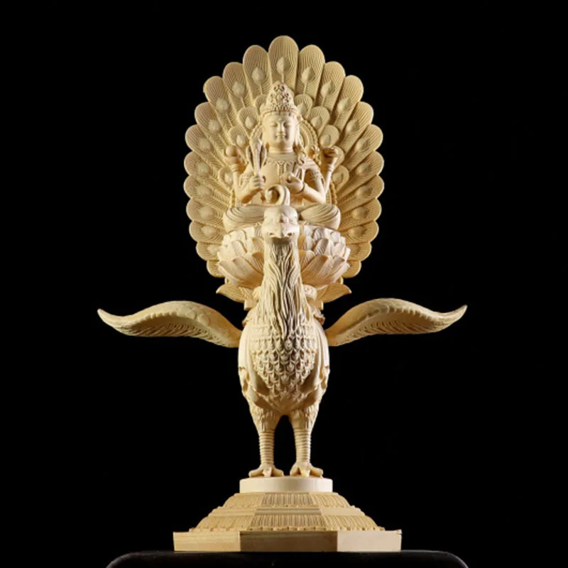 

Elegant Mahamayuri Peacock-Adorned Guanyin Sculpture Intricately Carved Wood Buddha for Feng Shui-Aligned Home Aesthetics