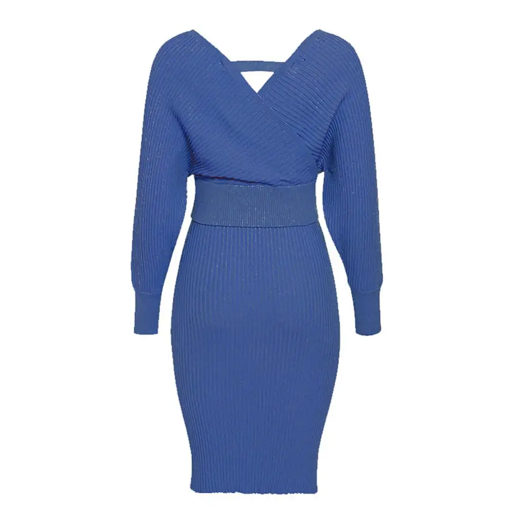 На осень и зиму сексуальное платье с v образным воротом Женский вязаный костюмы