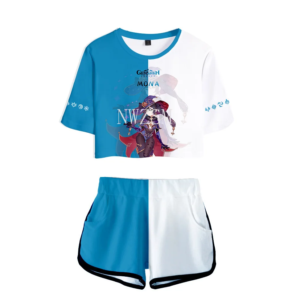 

Summer Two Piece Set Genshin Impact game cosplay costume T shirt 3D Women Sets cool Dew navel Tops & Short Pants