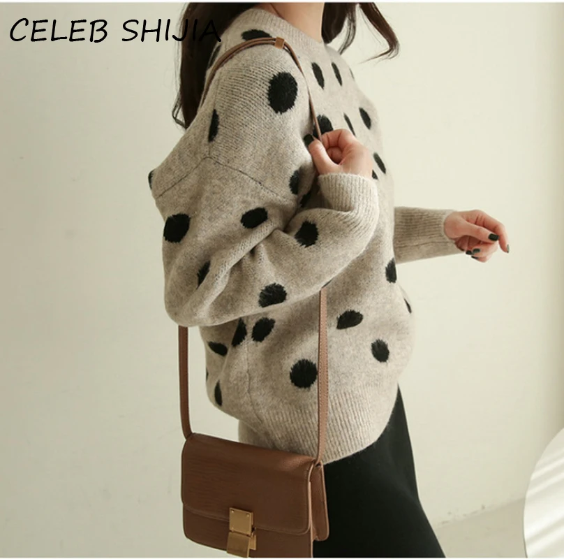 

SHIJIA Polka Dot Knitting Pullover Sweater For woman autumn winter O-neck full sleeve Loose female sweater jumper 2020