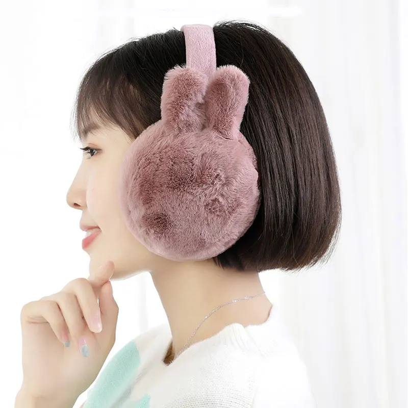 Зимние теплые наушники с заячьими ушками милые плюшевые однотонные складные