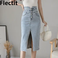 flectit vintage women denim midi skirt split front mid calf length buttoned high waist pencil jean skirt