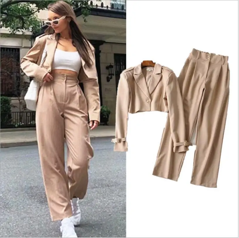 Осенний Женский блейзер пальто укороченный топ и штаны комплект из 2 предметов