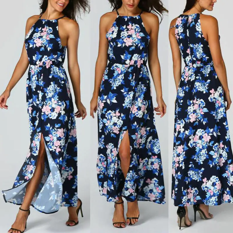 

Women Sleeveless Floral Halter Dress Split Summer Beach Chiffon Maxi Long Dress