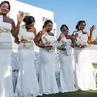 Стильный золотой аппликации белые платья подружек невесты русалка реальные фотографии без бретелек для женщин длинные Свадебная вечеринка платье
