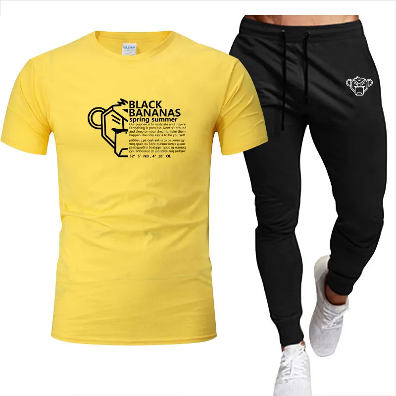 

2021Spring Summer Black Bananas Fashion Branded Men's Clothing Graphic Cotton Printing Oversized T-shirt+Trousers Sets tracksuit
