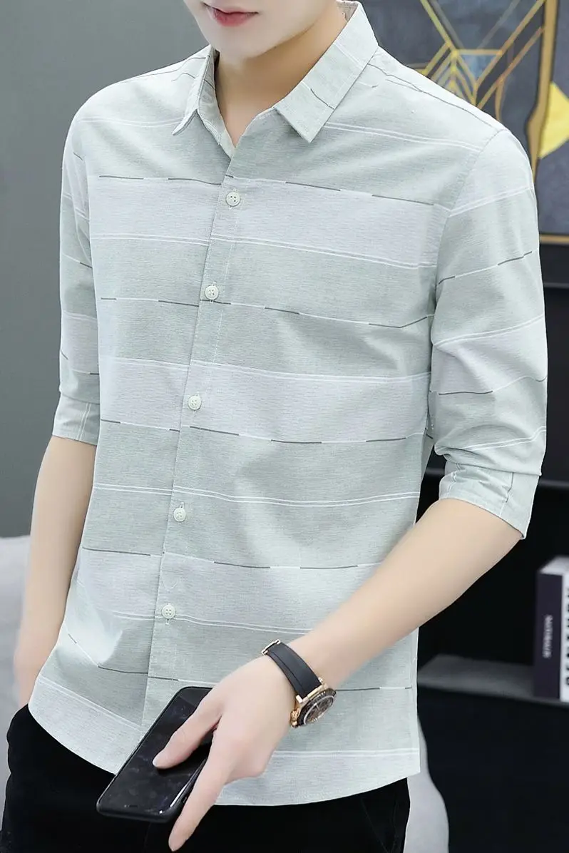 2022 New Fashion Mid Sleeve Shirt Men's Trend Versatile Youth Casual Slim-fit Color Block Top Hot