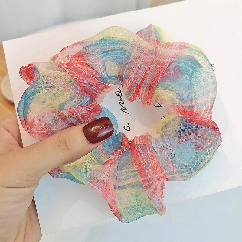 

2021 Korean Hair Band Hair Accessories Sweet Flower Plaid Printing Hair Scrunchies Head Fresh Colored Hair Rope Hair Tie New