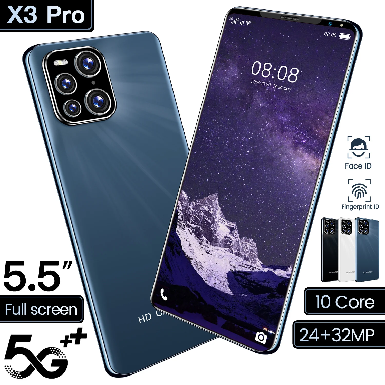

2021 X3 Pro 6+128GB 5600mAh Dual SIM+Micro SD Andriod 10.1 Mobile Phone MTK6889 5.5 Inch 10 Core Face ID 24+32MP Smart Phone