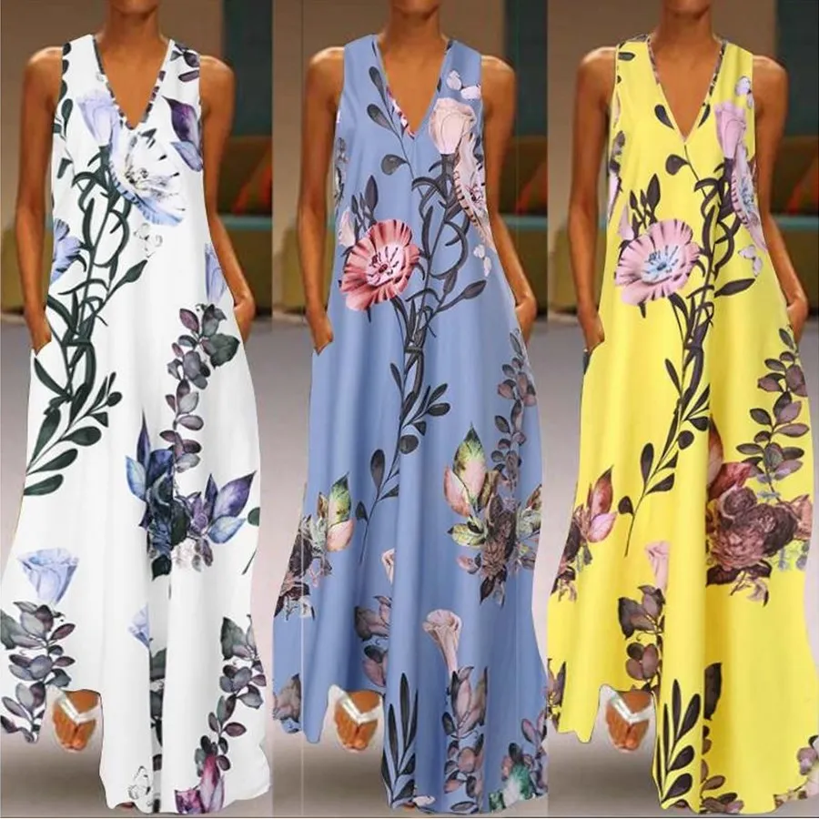 

2020 New Summer Sleeveless Vintage S-5XL Plus Size Women Dress Floral Printing Dress Sexy Party Deep V-neck A Line Long Dresses