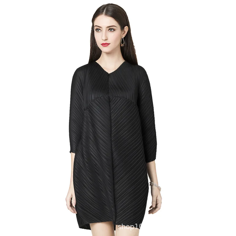 

20019 новое летнее женское черное плиссированное платье Seven-point рукав v-образный вырез свободное женское платье Элегантное размера плюс вечерн...