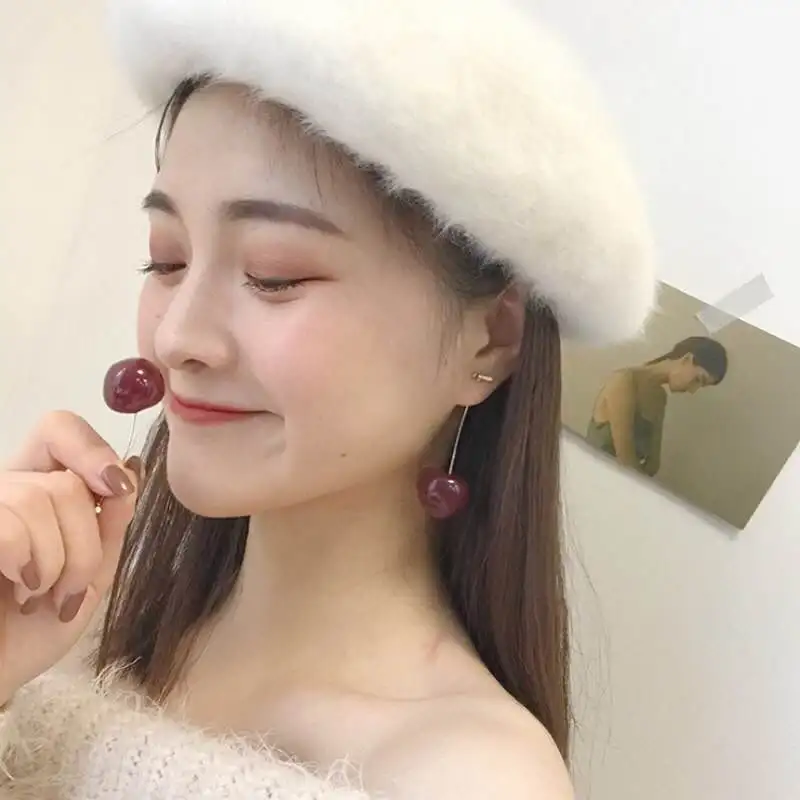 AOMU Japan Cute Sweet Simulation Gradient Red Cherry Gold Color Fruit Pearl Stud Earrings for Women Girl Lovely Party Birthday