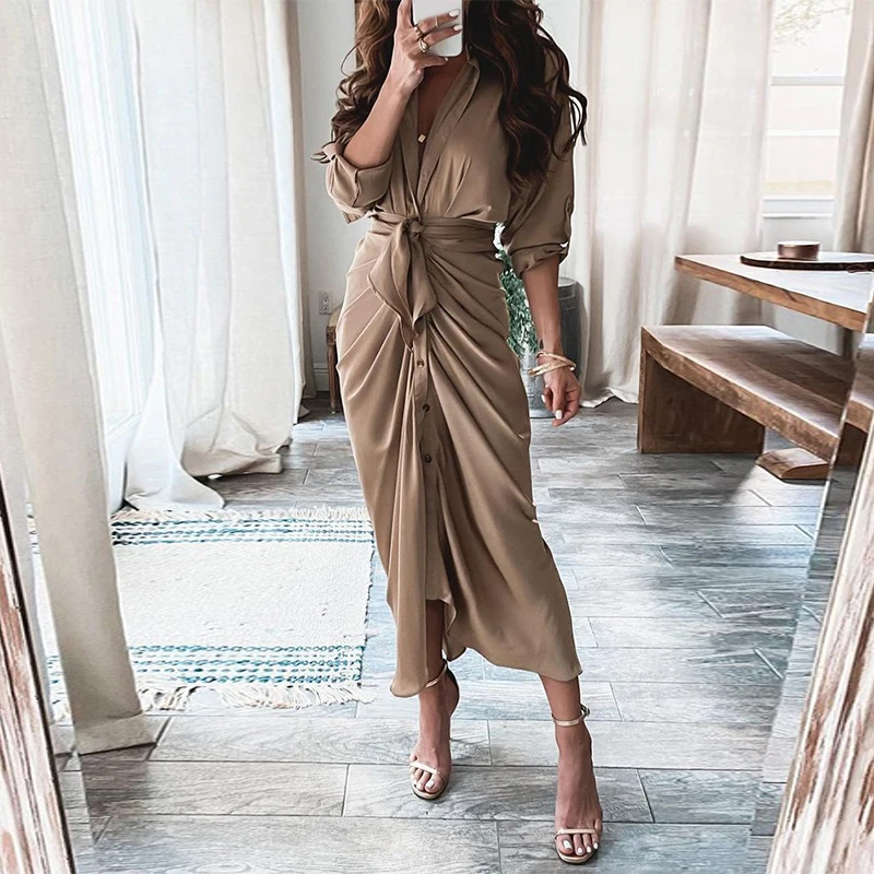 

Women Elegant V-Neck Button Shirt Dress Casual Lace-Up Draped Office Lady Solid Long Dress Autumn Spring Long Sleeve Party Dress