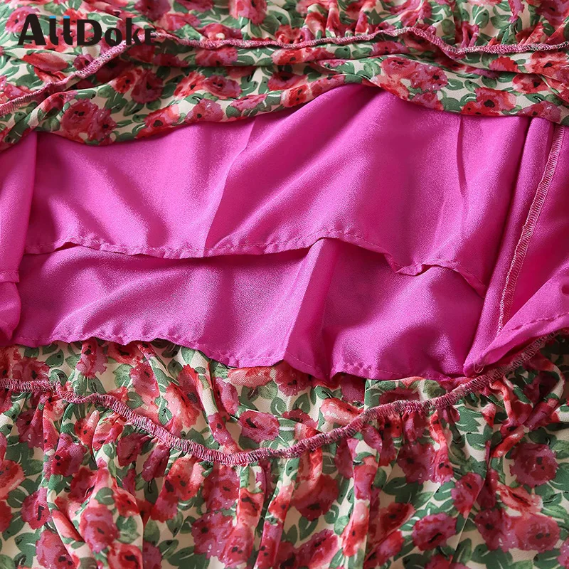 

ALLDOKE red floral print maxi long dress women summer v neck long sleeve high waist ruffles vintage ladies dresses vestidos