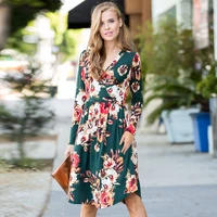 autumn winter long sleeve dress floral print female clothing sexy v neck wrapped a line pleated midi dresses for elegnat women