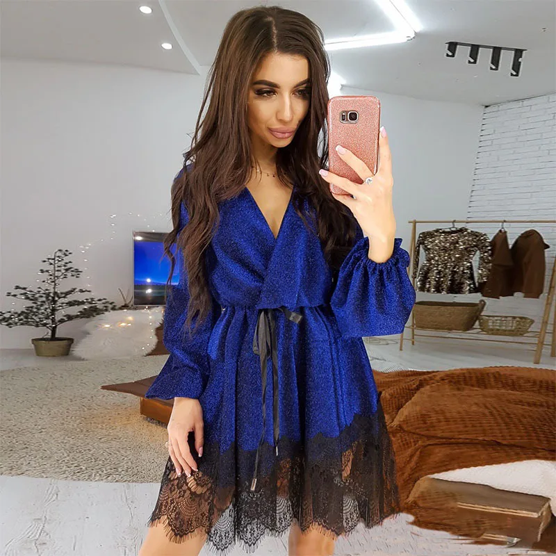 Женское винтажное Кружевное платье мини с длинным рукавом и v образным