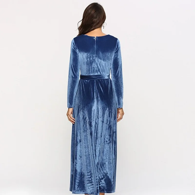 Бархатное винтажное платье с длинным рукавом женское О-образным вырезом и поясом