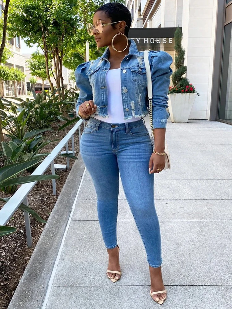 

women's jacket 2020 New Style Short Worn Denim Jacket Women Puff Sleeve Denim Jacket Women's jacket