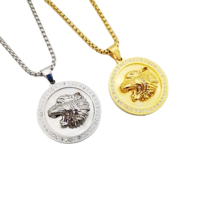 

Hip hop punk tiger medal pendant necklace Stainless steel Bling Bling rhinestones animal tiger necklace fashion jewelry
