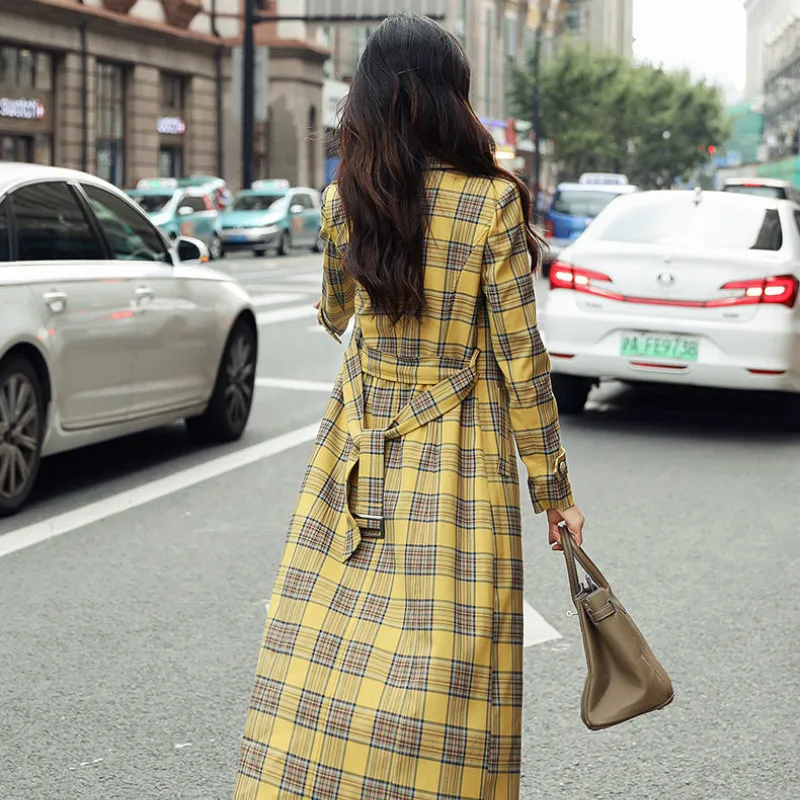 

2021 Autumn Popular New Yellow Plaid Long Trench Coat Women's Mid-length Spring and Autumn Coat Over The Knee British Style Coat