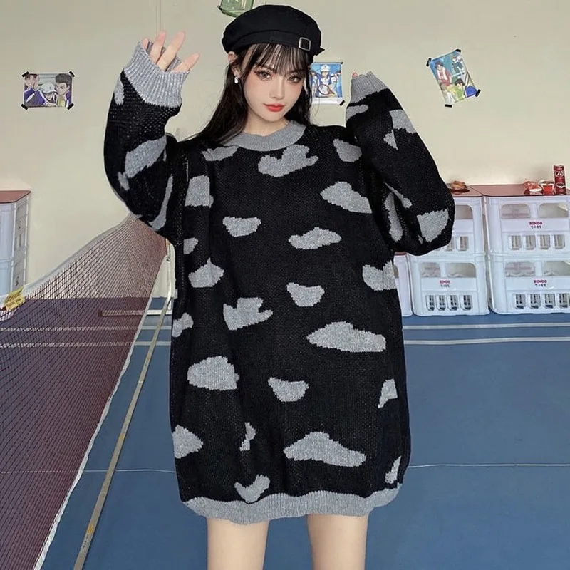Autumn Winter Kawaii Sweater Fashion Korean Clouds Print Casual Women Loose Long Sleeve Pullover | Женская одежда
