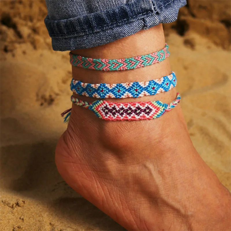 

Boho Weave Knit Anklet Handmade Braid Bracelet Sandal Hand Cotton Rope Handmade Ankle Beach Wrist Bangle Bohemia Jewelry Women