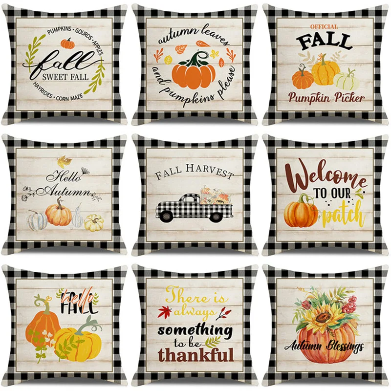 

Fall Pumpkin Cushion Covers 18x18 Inch Farmhouse Decor Thanksgiving Buffalo Check Linen Throw Pillow Covers Happy Thanksgiving