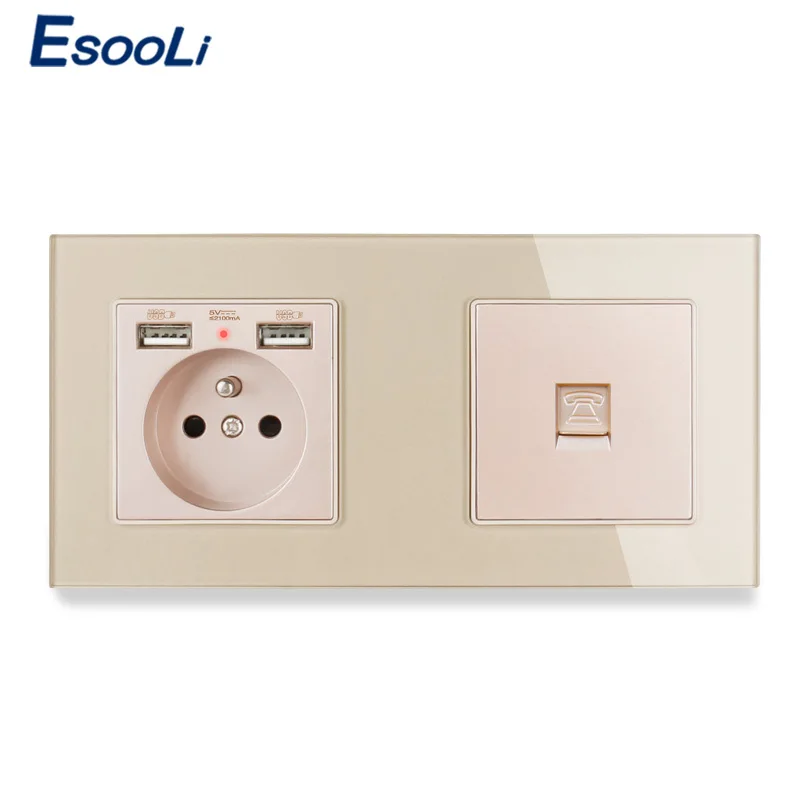 ESOOLI EU стандартная розетка с 2 USB зарядными портами + 1 банда RJ11 2-ядерный телефонный