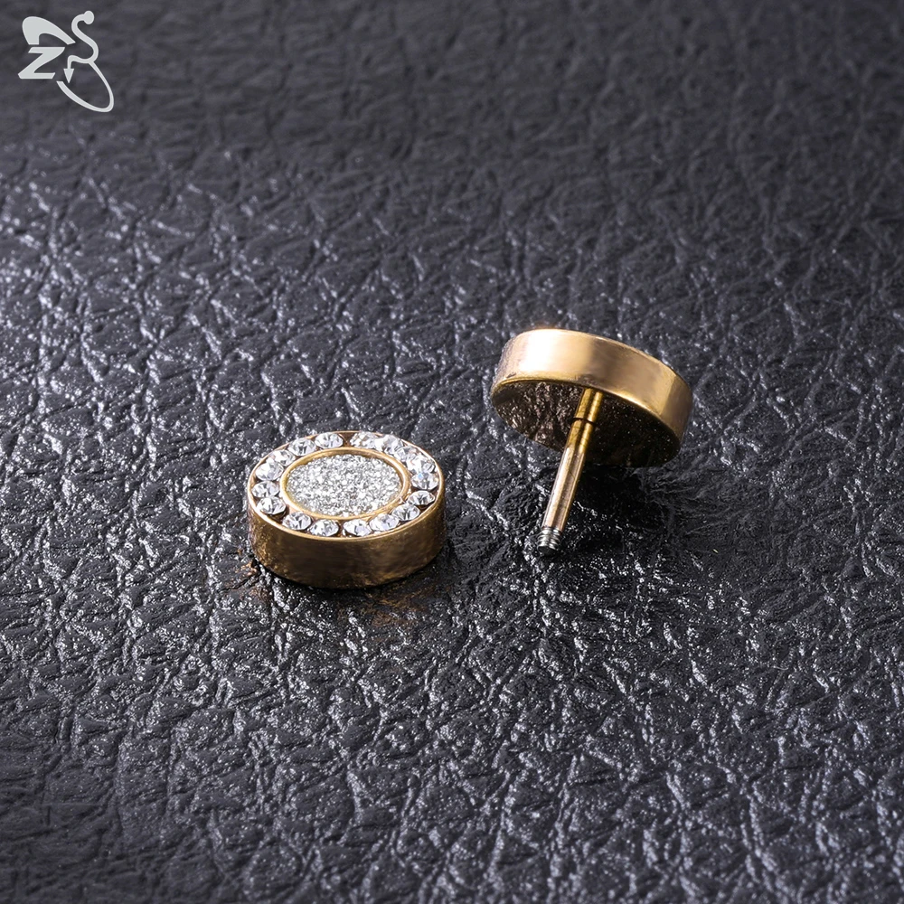 ZS Stainless Steel Stud Earrings For Women Girls Shiny AAA Cubic Zirconia Round Ear Gold Rose Color 16G Fake Plugs | Украшения и