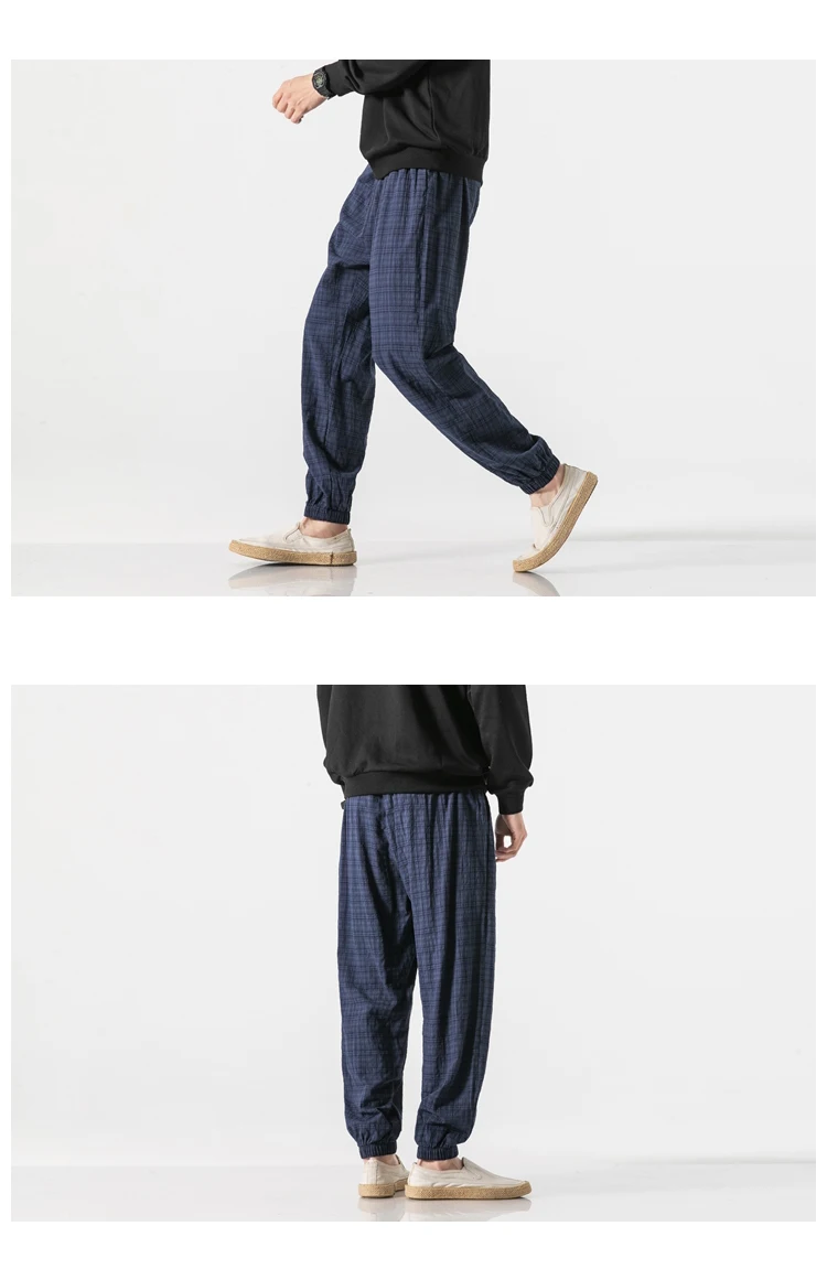 Autumn New Casual Pants Men Cotton Linen Slim Fit Grid Fashion Trousers Male Brand Clothing Plus Size 5XL Y1864