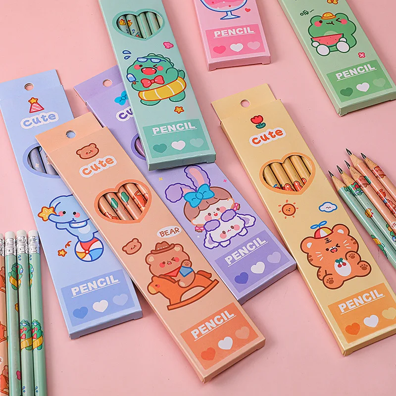 

6pcs/box Cute Cartoon Boxed Pencils Children HB Drawing Sketch Pen Student Writing with Eraser Pencil School Supplies Stationery
