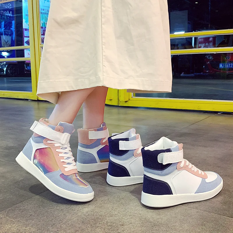 Новый дизайн модные радужные блестящие высокие женские кроссовки яркие удобные