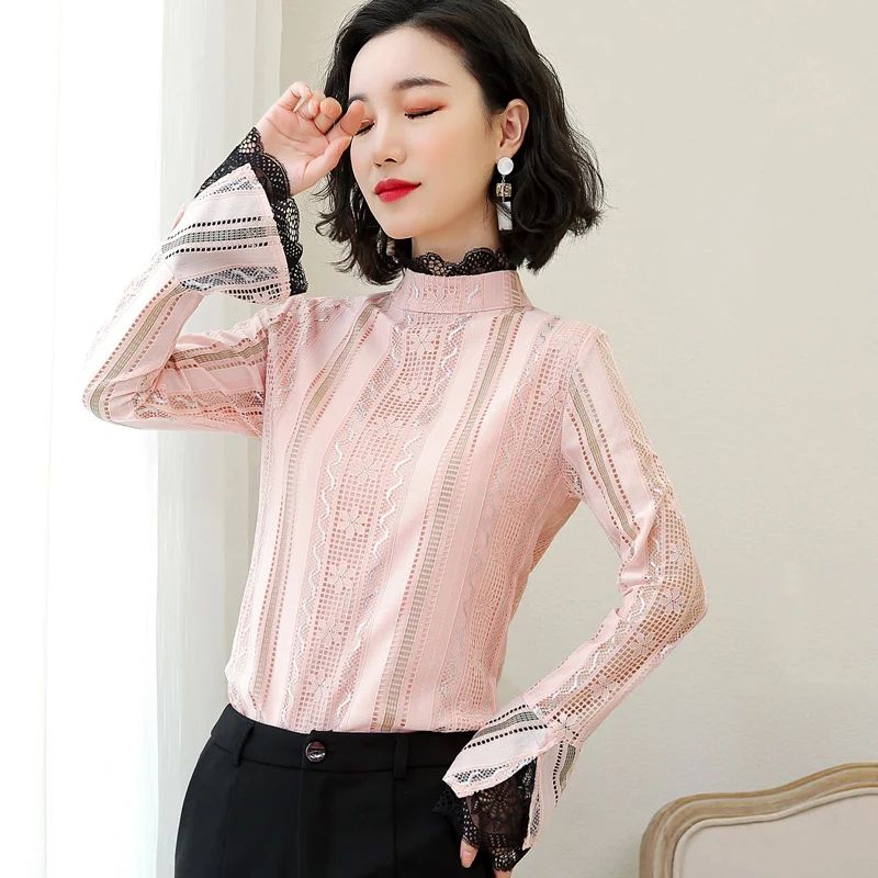 Женские рубашки Однотонные блузки женские кружевные с длинным рукавом blusas mujer de