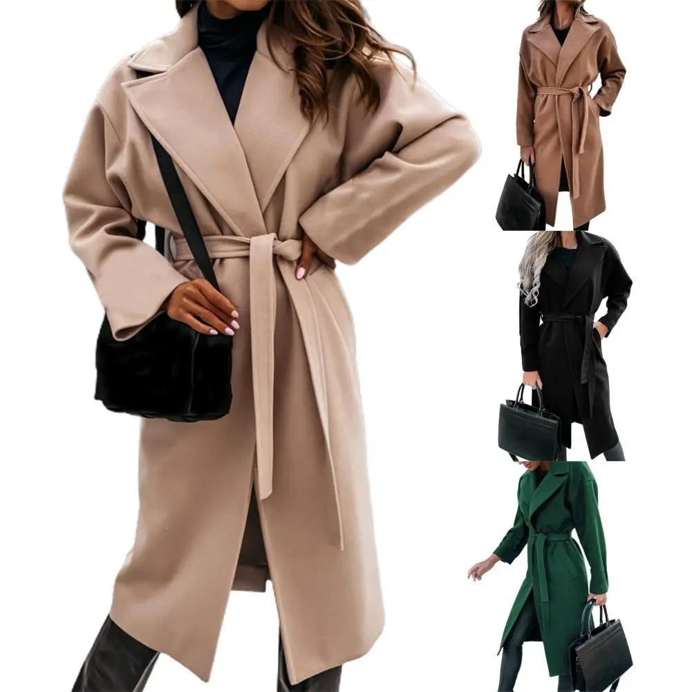 

Женское шерстяное пальто оверсайз, однотонное пальто с поясом на талии, универсальное офисное пальто на осень и зиму