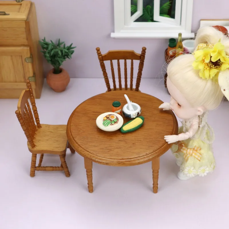 Simulation Wooden Toy 1:12 Mini Furniture Accessories Kitchen Decoration Ob11 Round Table With Chair Brown And Model |