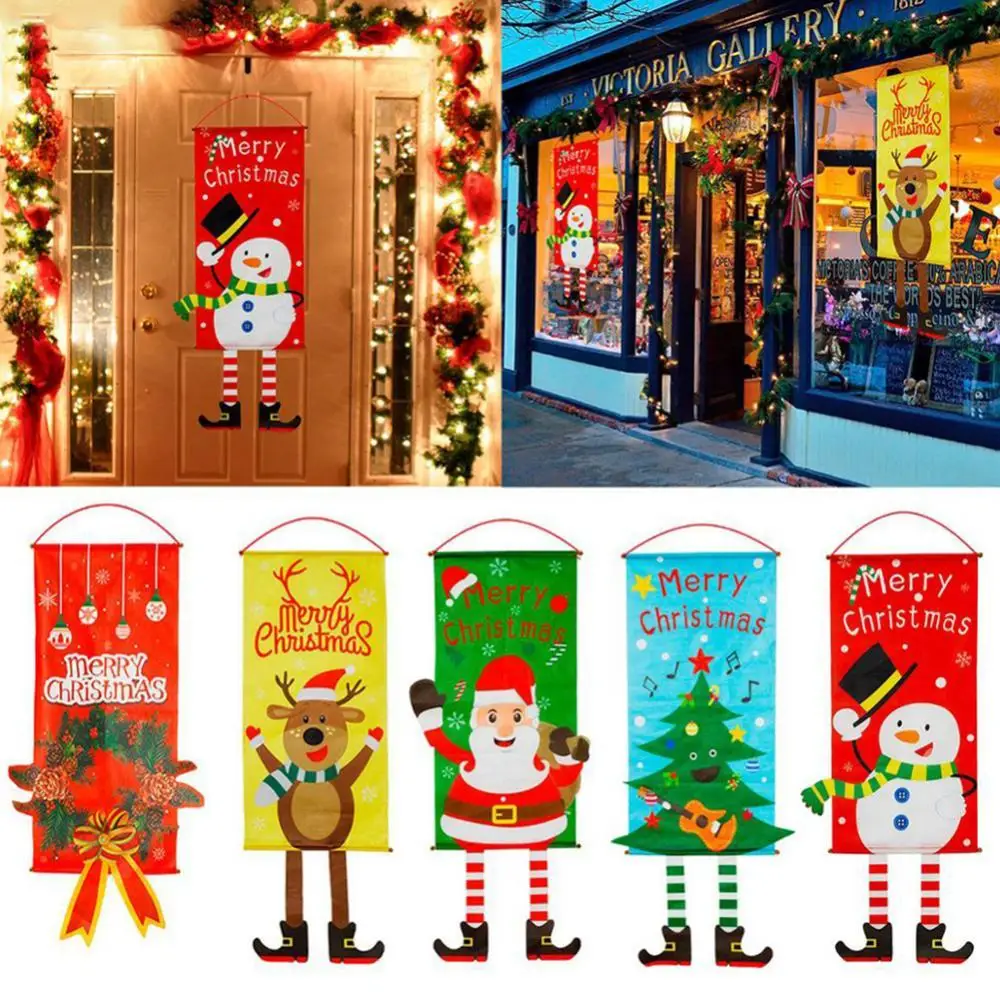 

50%HOTMerry Christmas Santa Elk Snowman Print Hanging Legs Banner Flag Xmas Door Decor