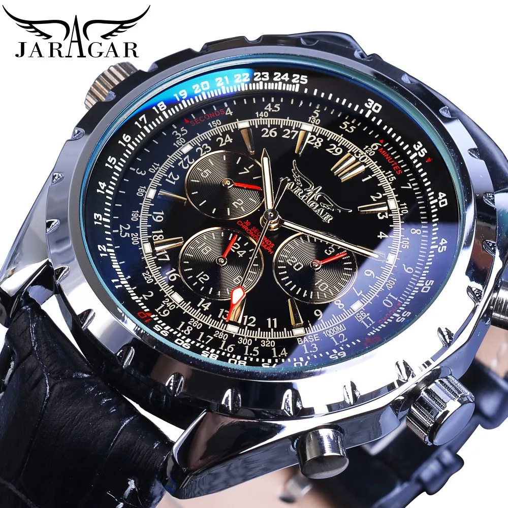 

Jaragar Automatic Mechanical Calendar Sport Watches Pilot Design Men's Wrist Watch Top Brand Luxury Fashion Male Watch Leather