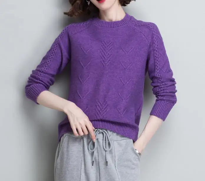 Purple Soft Cozy Cashmere Cotton Blend Embossing Pullover Sweater Autumn Winter Women Clothes Basic Jumper Pull Femme Pink Sweater - Color: Purple