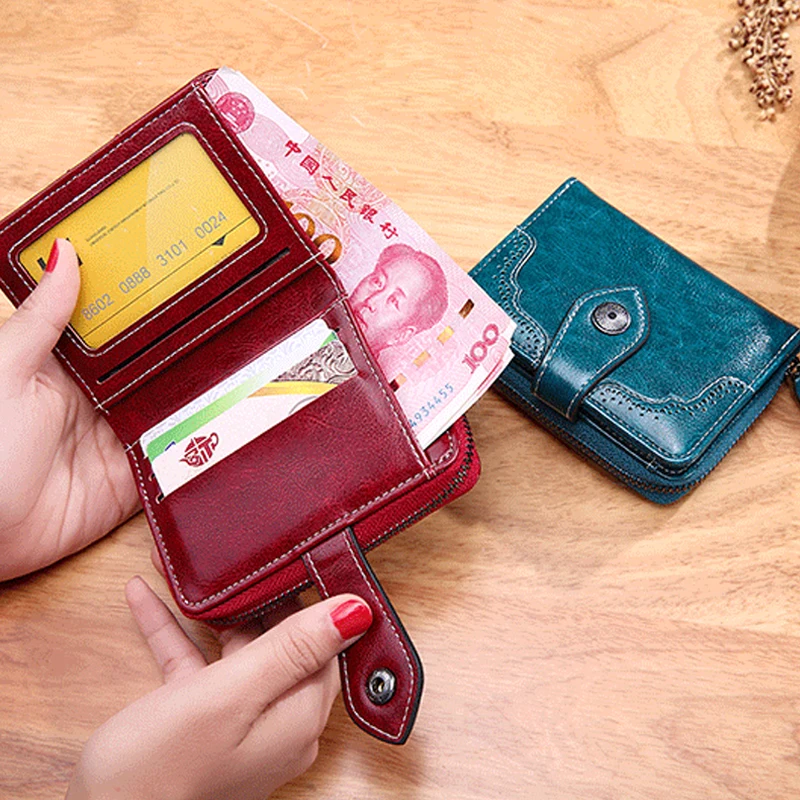 

Brand wallet Women's Wallet 2021 Oil Wax Leather High Quality Hasp Zipper Purse Clutch Coin Card Holders wallet portfel damski