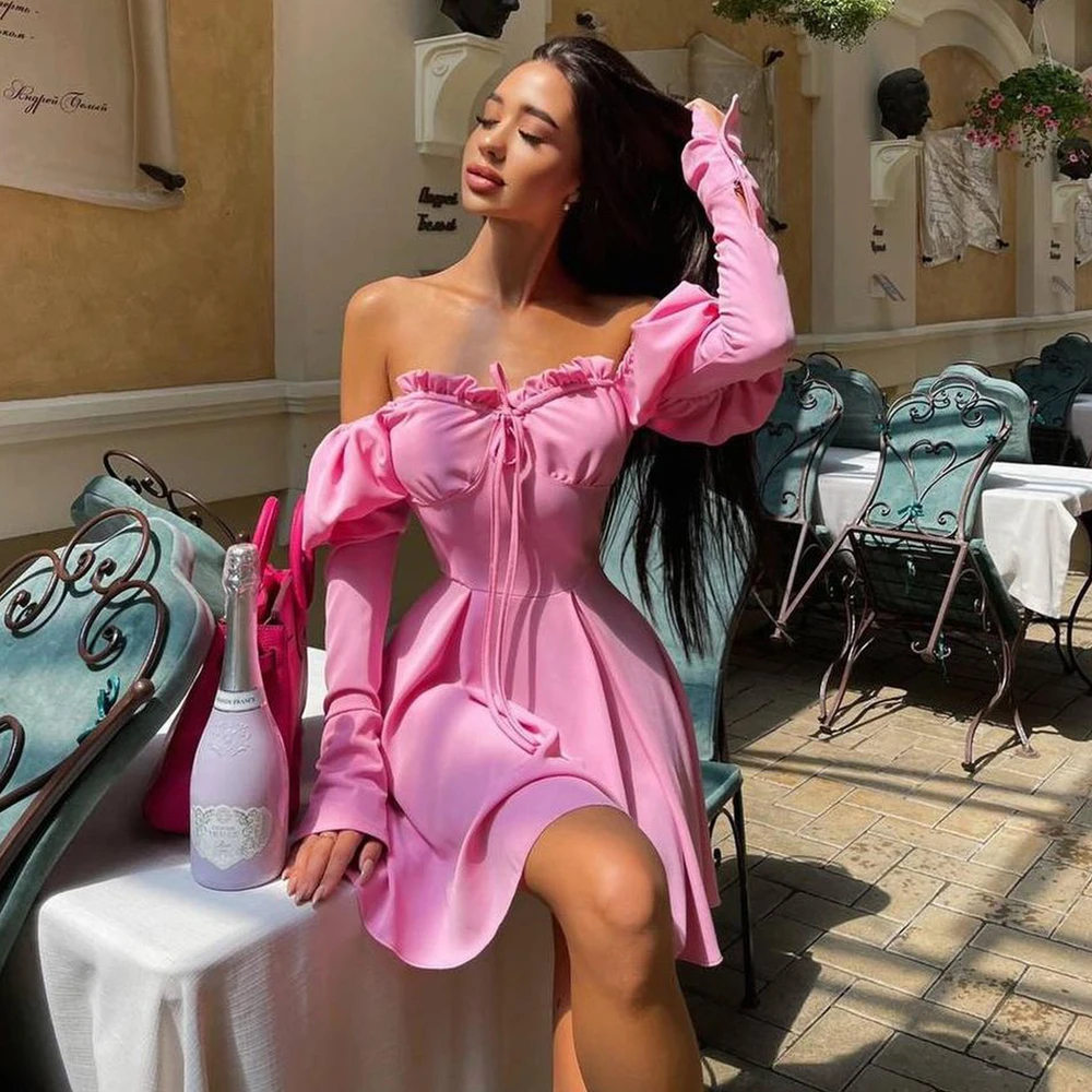 

Print Sexy off shoulder Lantern Sleeve Mini Dress 2022 Ruffles Slimmer Waist Dress fashion Draw String Long Sleeves Dresses