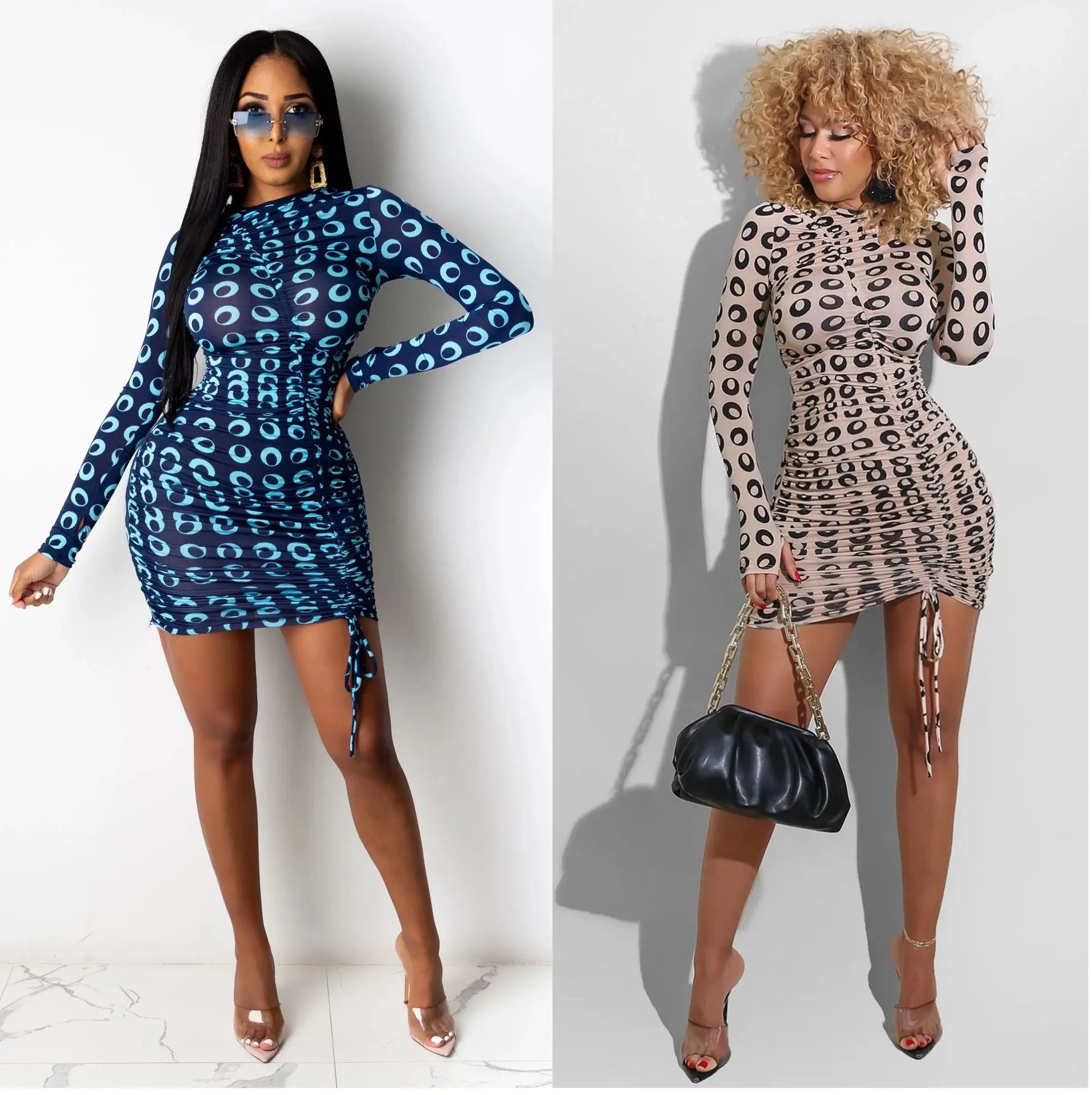 

Slim Women Printed Ruched Drawstring Party Dresses Turtleneck Long Sleeve Fit Dress Vintage Summer Ruffles Skinny Vestidos