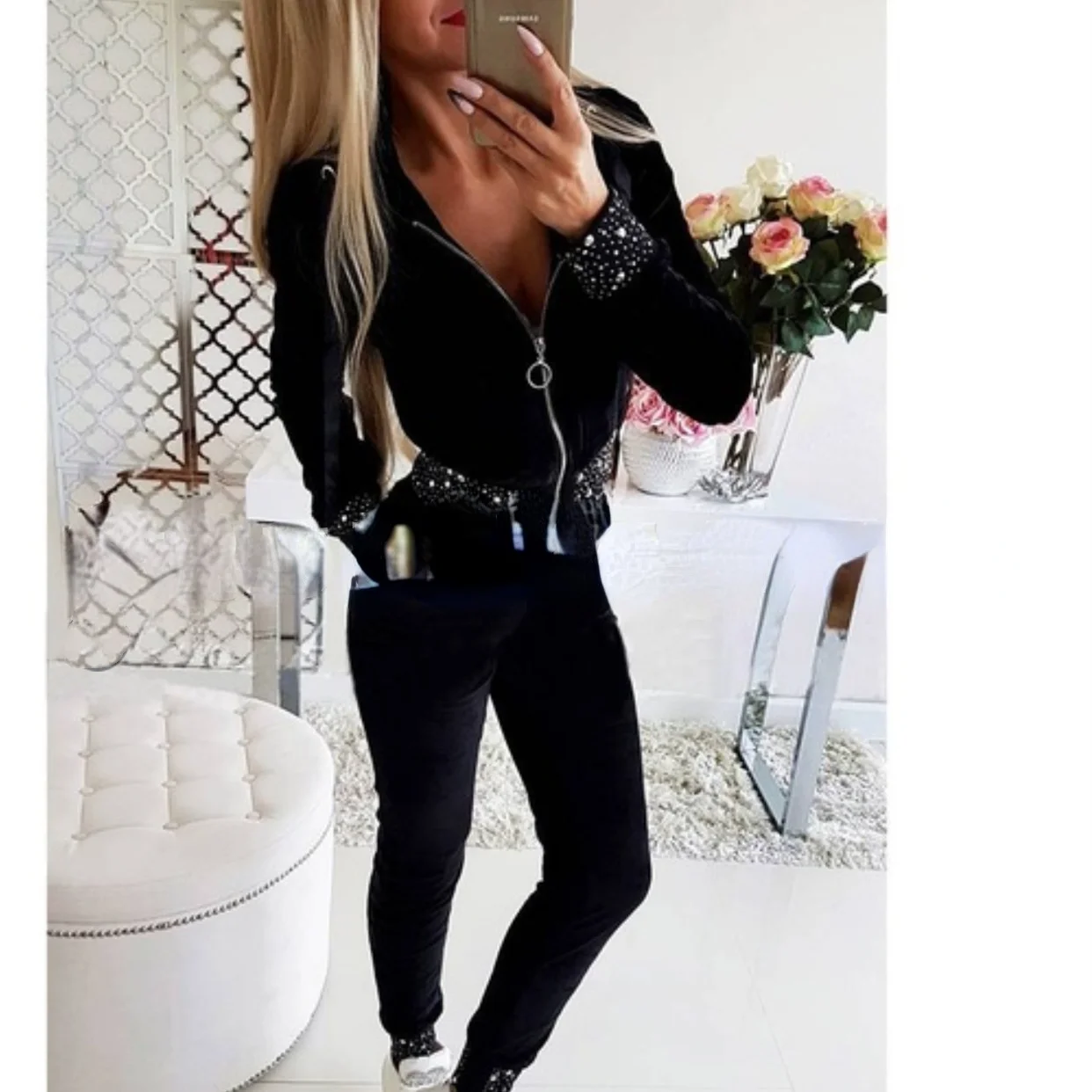 

2021 new fashion women's bronzing sweater zipper slim fit leisure suit Leggings two piece set