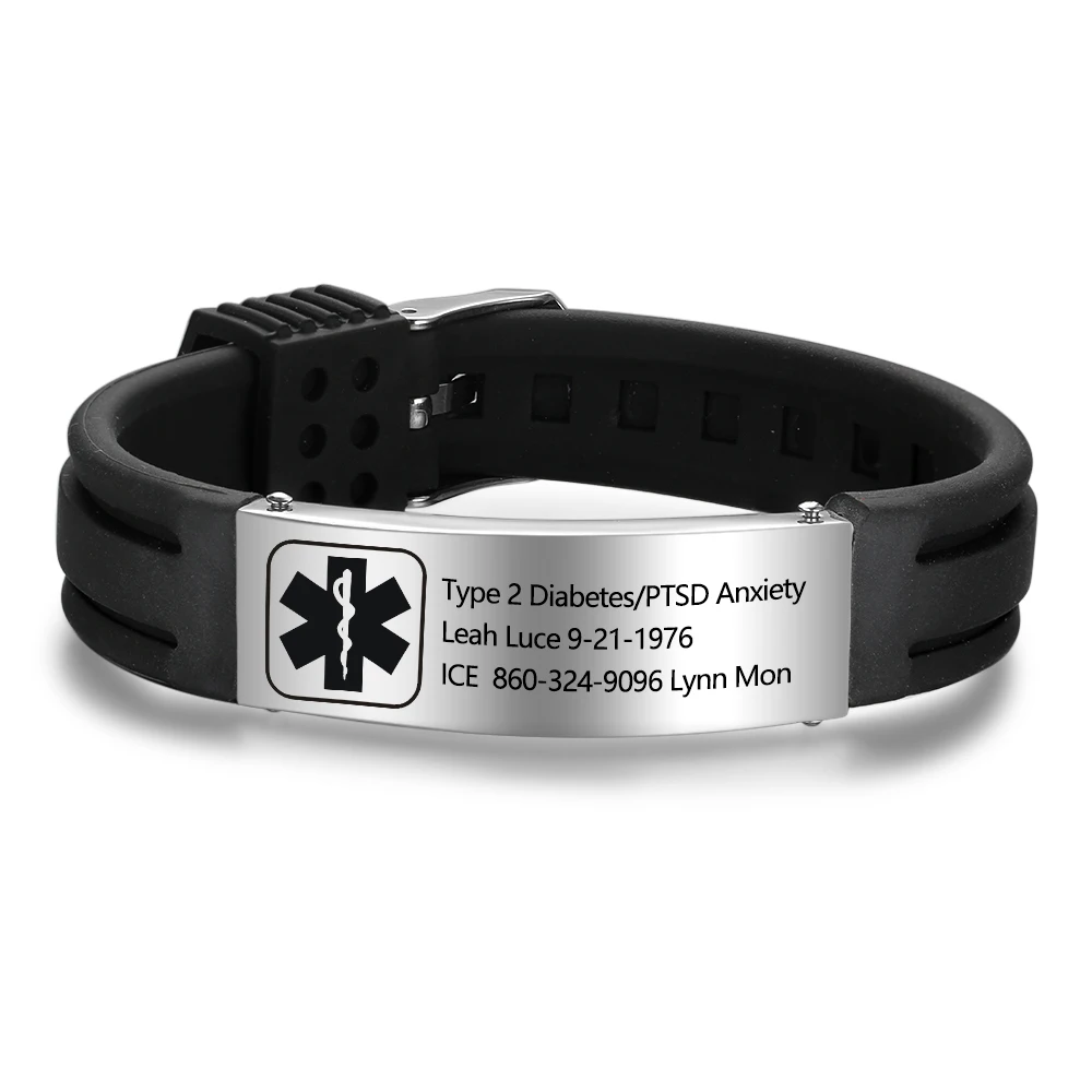 Free Engraving Silicone Adjustable Medical Bracelets Stainless Steel Sports Bracelet Wristband Emergency ID For Unisex | Украшения и