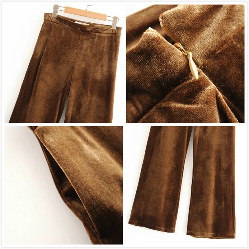 Женский бархатный костюм двойка Осенний однобортный пиджак и расклешенные брюки