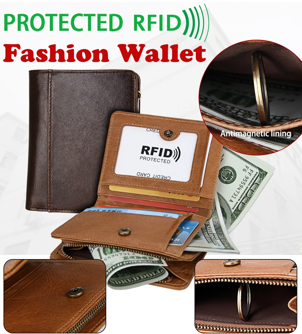 Кошельки для мужчин Роскошные из натуральной кожи RFID Блокировка держатель кредитной карты Двойные коричневые кошелек бумажник с застежкой молнией карман для монет
