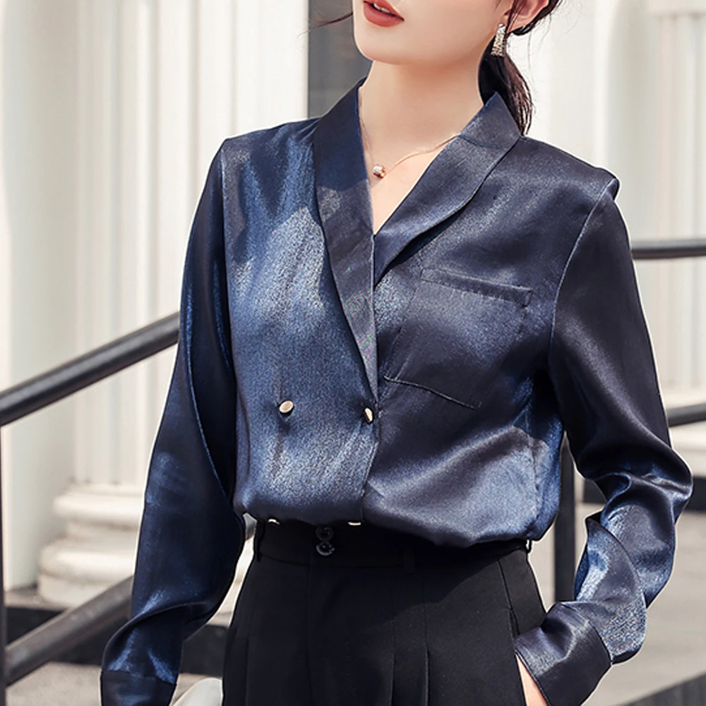 

WERYNICA 2020 Spring Women Fashion Long Sleeves Satin Blouse Vintage Femme V Neck Street Shirts Elegant Imitation Silk Blouse