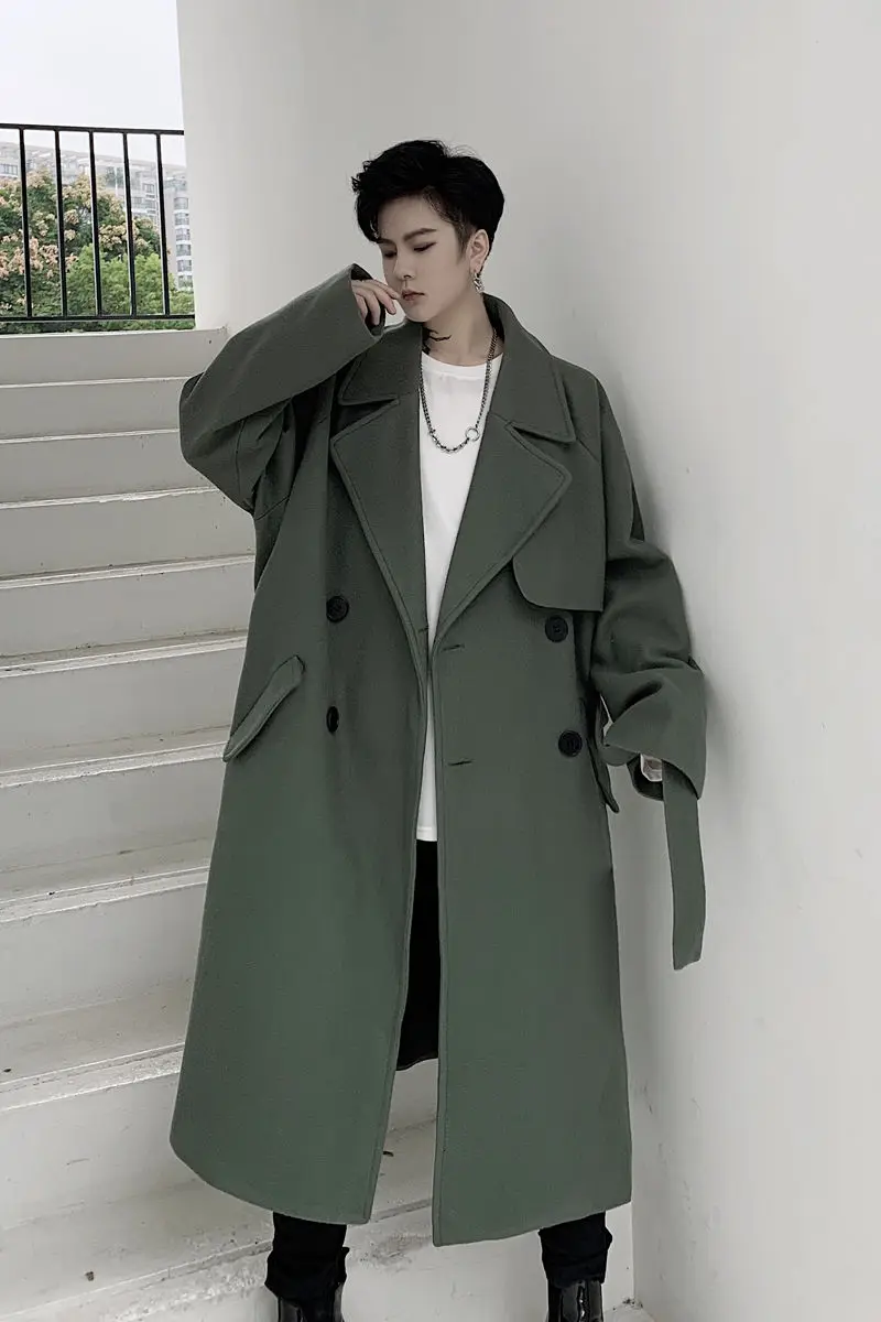 

IEFB /men's wear 2020 autumn winter clothing loose men's mid-length woolen coat with blet lapel big size black green coat 9Y4060