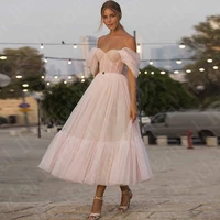 hot sale pale pink a line prom party dresses mid calf length sweetheart wedding guest gowns off shoulder party gown bare back