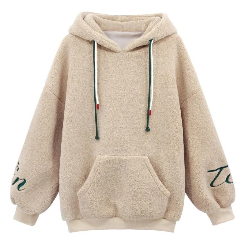 

Mazefeng Hoodies Women Plush Coat Winter Faux Lamb Fur Sweatshirt Loose Style Collar Hooded Solid Pullovers Warm Tops Long Style