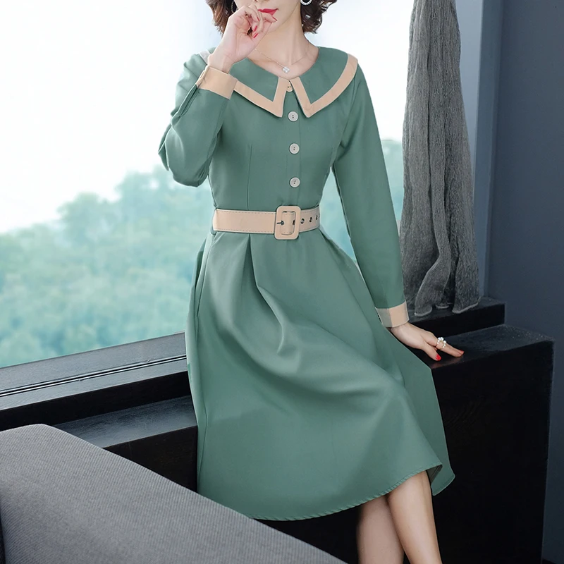 Модное Элегантное женское платье с отложным воротником и длинным рукавом тонкое